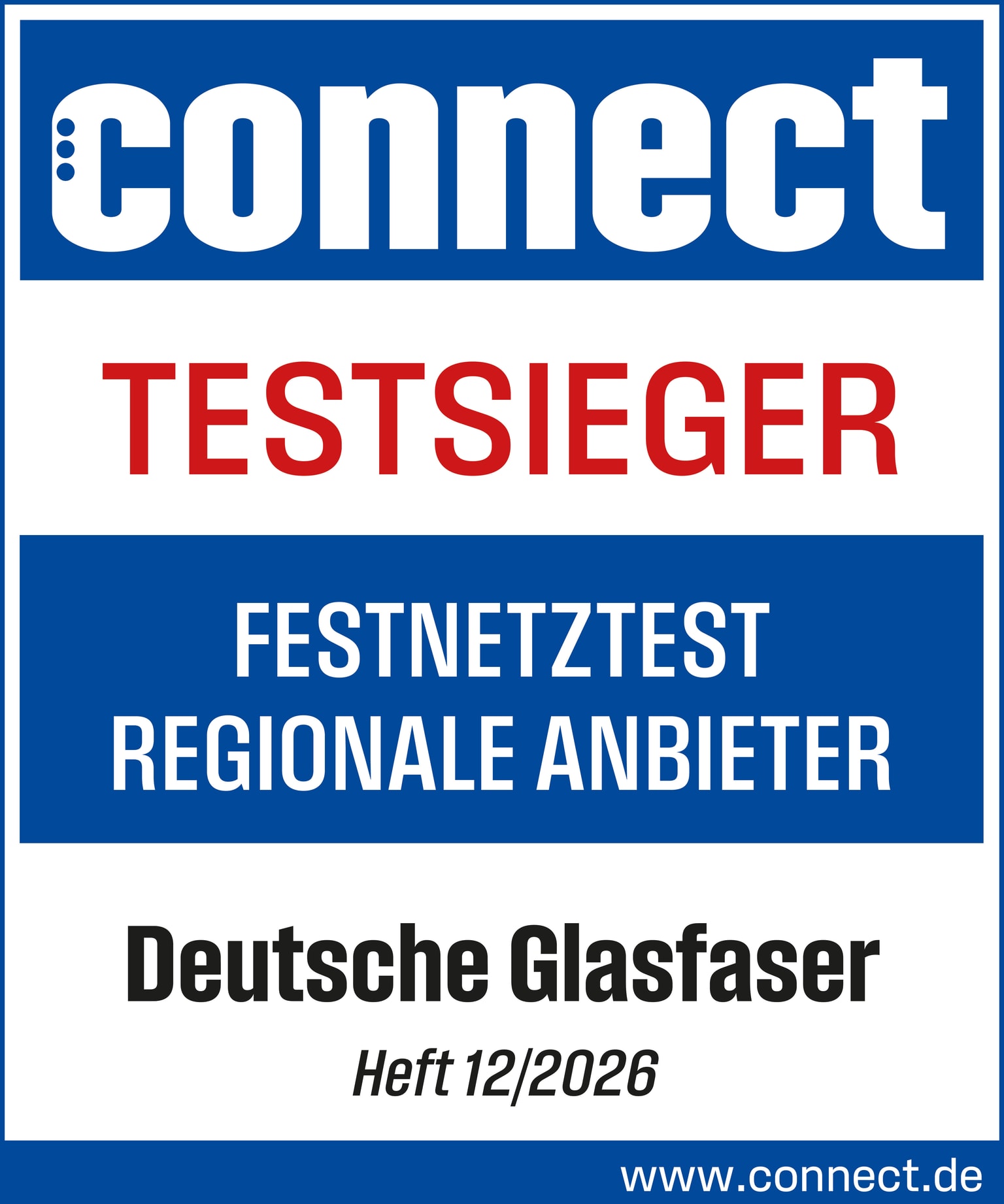 Connect-Testsieger-Siegel für Deutsche Glasfaser, Festnetztest Regionale Anbieter, Heft 12/2026.