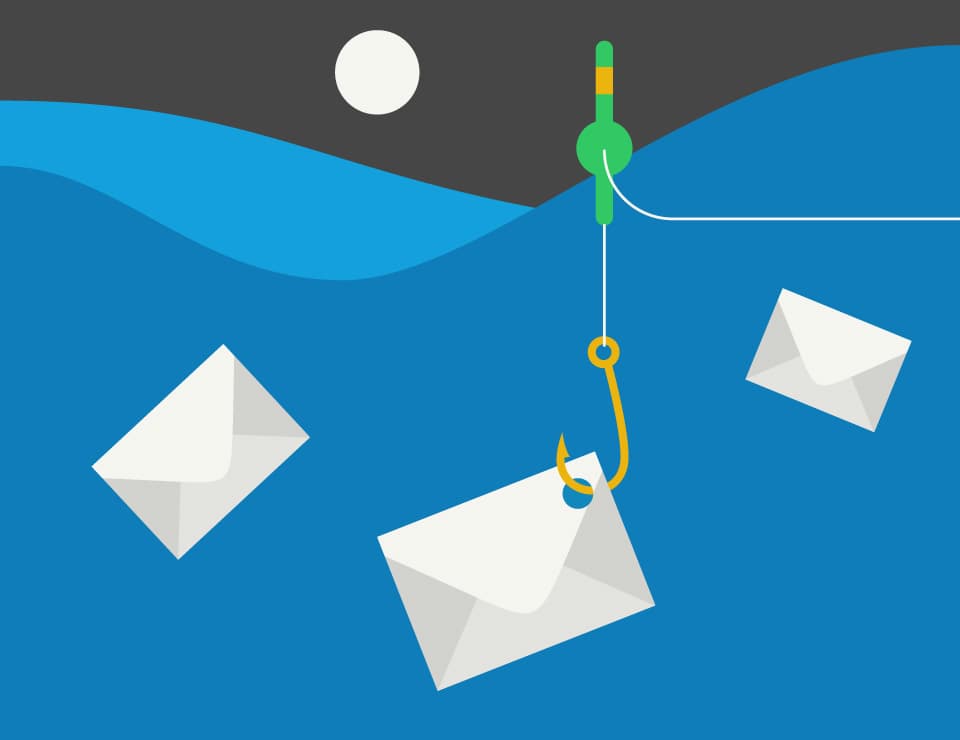 Grafische Darstellung von Phishing: Ein goldener Angelhaken fängt einen weißen Brief im blauen Wasser unter dunklem Himmel mit Mond.