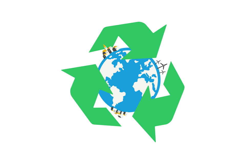 Illustration einer Erde mit Orten und Windrädern. 3 Grüne Pfeile zeigen um die Erde herum.