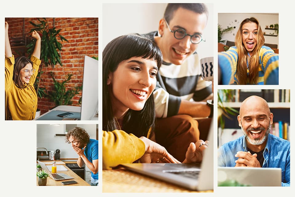 Collage von fünf Personen in verschiedenen Situationen, die lächelnd oder begeistert an Laptops arbeiten, in häuslicher Umgebung.