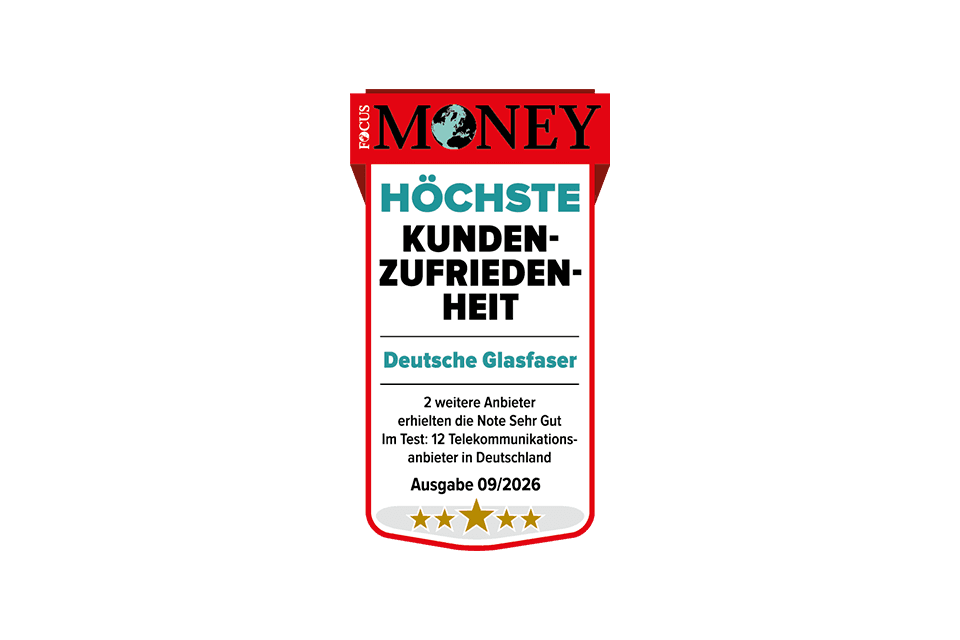 Focus Money Auszeichnung für Deutsche Glasfaser mit höchster Kundenzufriedenheit, fünf Sterne, Ausgabe 09/2026.