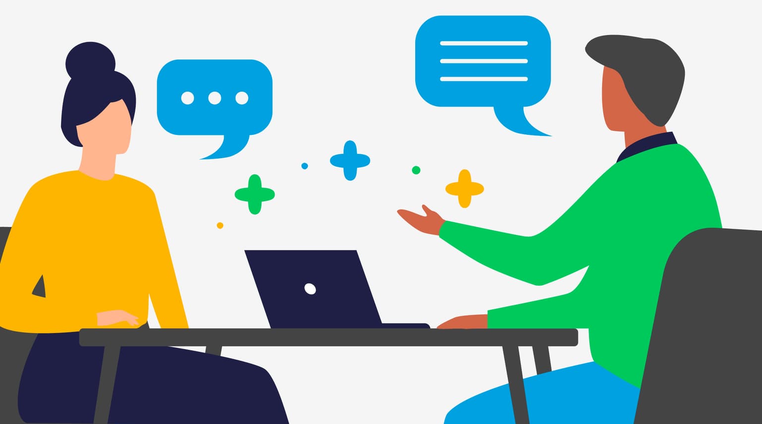 Die Grafik zeit zwei Menschen, die am Tisch sitzen. Es steht ein Laptop dabei und die Menschen unterhalten sich.