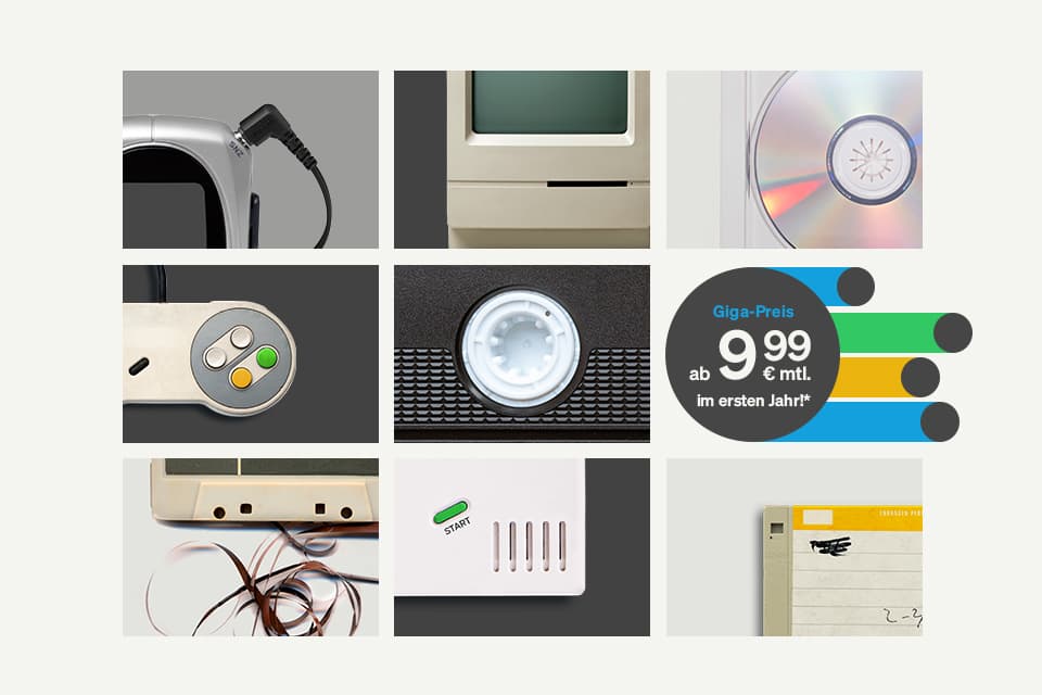 Collage aus Retro-Technologieelementen mit Spielkonsole, CD, Computer und Werbeangebot für 9,99€ monatlich im ersten Jahr.
