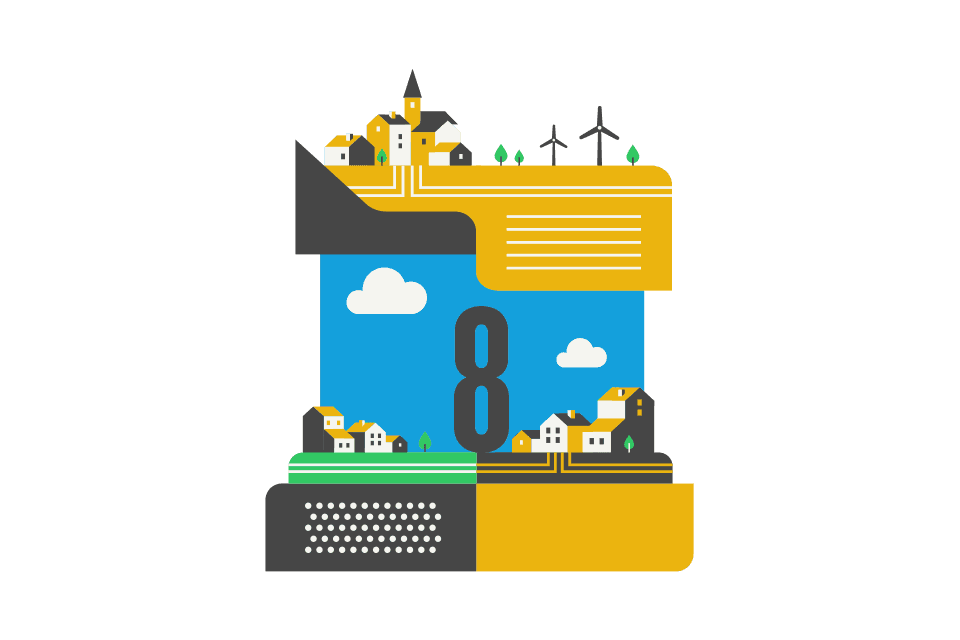 Deutsche Glasfaser Illustration 8fach: Stilisierte Zahl „8“ mit integrierten Gestaltungselementen: Oben eine Kleinstadt mit Häusern, Bäumen und Windrädern; in der Mitte blauer Hintergrund mit Wolken und der Zahl „8“; unten weitere Häuser und Gebäude sowie ein schwarzes Rechteck mit weißen Punkten links und ein gelbes Rechteck rechts.