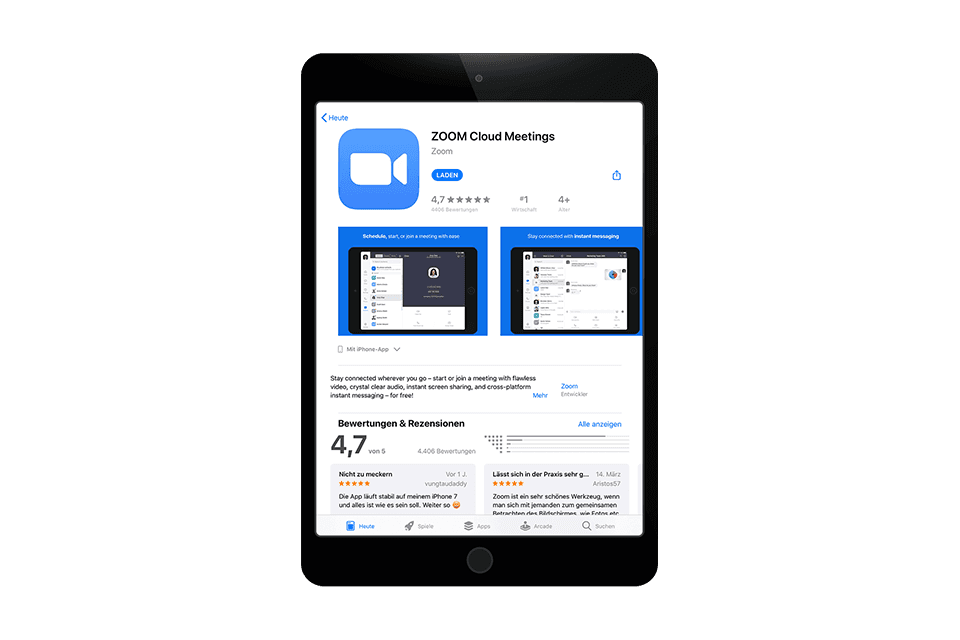 Zoom Cloud Meetings App im App Store mit 4,7 Sternen, Screenshots der Benutzeroberfläche und deutschen Bewertungen.