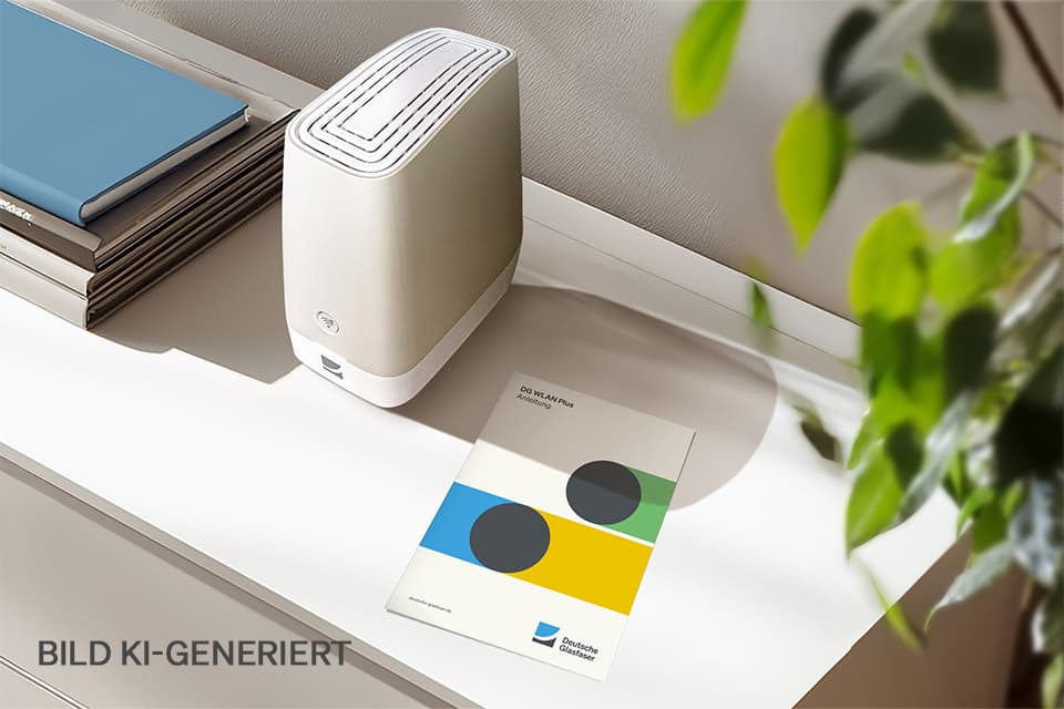 Weißer WLAN-Router auf weißem Regal neben Büchern, bunter Broschüre und grüner Zimmerpflanze.