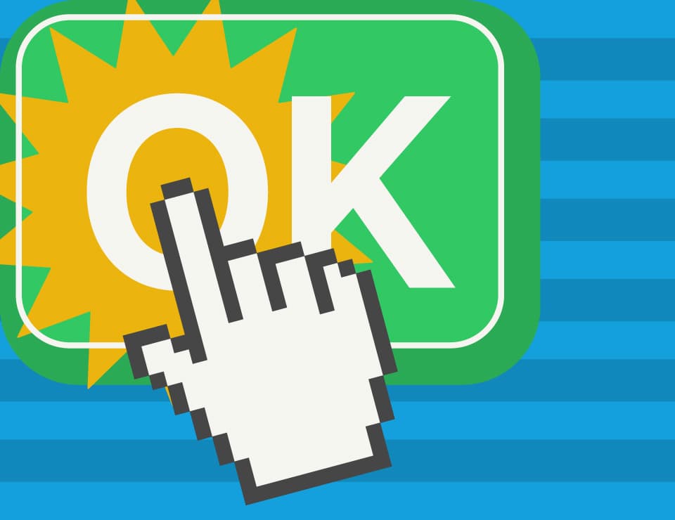 Grafik mit einem Hand-Cursor, der auf einen grünen Button mit weißer Aufschrift ‚OK‘ klickt. Hintergrund mit blauen horizontalen Streifen und gelber Sonnenstrahlen-Grafik hinter dem Button.