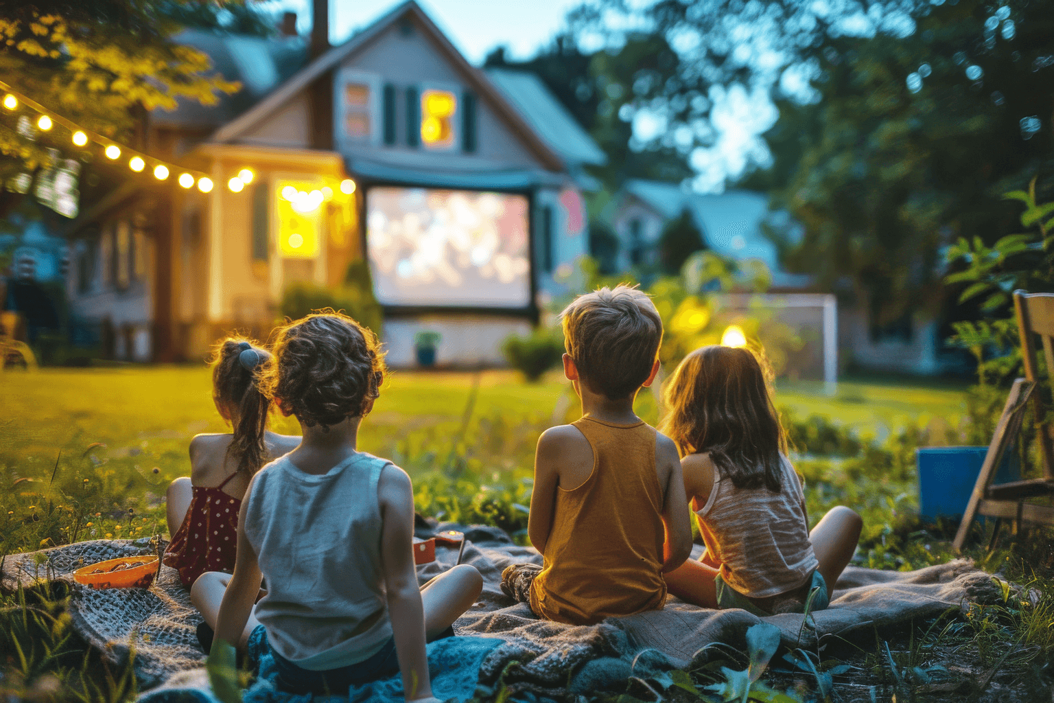 Kinder sitzen auf einer Decke im Garten und schauen einen Film auf einer Leinwand vor einem beleuchteten Haus in der Abenddämmerung.