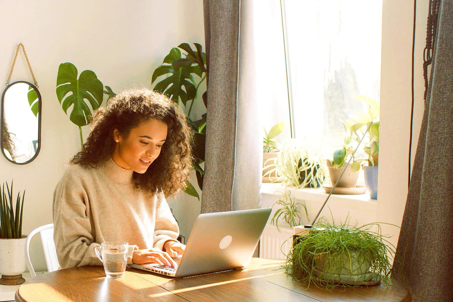 Frau mit lockigem Haar arbeitet am Laptop in sonnigem Zimmer mit Zimmerpflanzen und grauen Vorhängen.