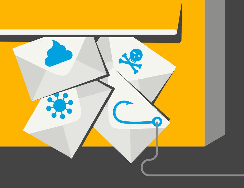 Illustration zum Thema Spam: Vier weiße Briefumschläge mit blauen Symbolen für Cybersicherheitsbedrohungen: Wolke, Totenkopf, Virus und Phishing-Haken.
