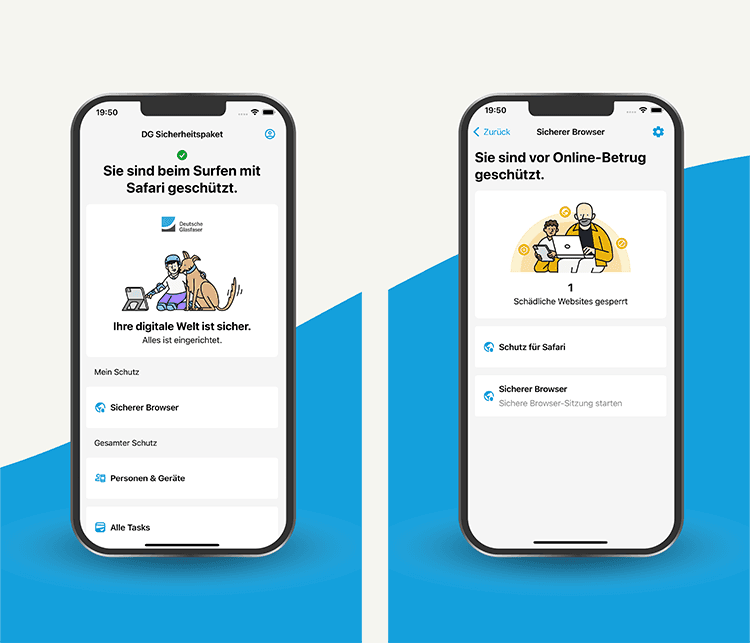 Zwei Smartphone-Bildschirme zeigen Sicherheitsfunktionen: Links Safari-Schutz, rechts Online-Betrugsschutz mit Illustrationen.