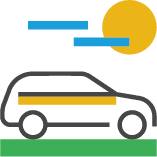 Dieses Icon zeigt ein Auto. Die Ansicht ist seitlich. Das Auto fährt auf einer grünen Fläche und abstrakt hinzugefügt sind noch 2 Wolken und Sonne