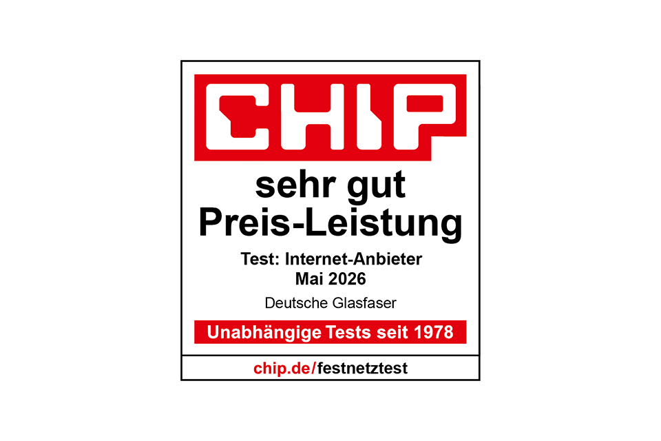 CHIP-Testsiegel mit Bewertung "sehr gut Preis-Leistung" für Deutsche Glasfaser, Test Internet-Anbieter Mai 2026.