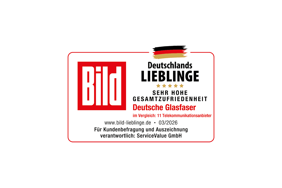 Auszeichnung "Deutschlands Lieblinge" von BILD für Deutsche Glasfaser mit fünf Sternen für hohe Kundenzufriedenheit.