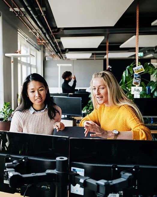 Karriere Auszubildende Fachinformatiker Zwei Frauen unterhalten sich am Laptop