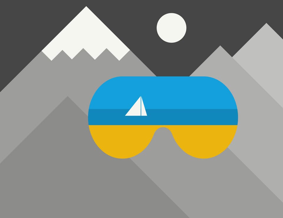 Ein minimalistisches, geometrisches Design mit einer Berglandschaft im Hintergrund und einer stilisierten Skibrille im Vordergrund. In den Gläsern der Skibrille spiegelt sich eine Szene mit blauem Himmel, gelbem Sand oder Wasser und einem weißen Segelboot.