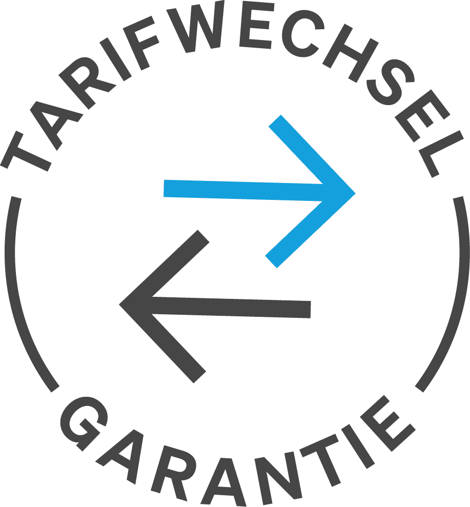 Zwei Pfeile in einem Kreis: ein blauer Pfeil zeigt nach rechts, ein schwarzer nach links. Umgeben von kreisförmig angeordnetem Text „TARIFWECHSEL GARANTIE“.