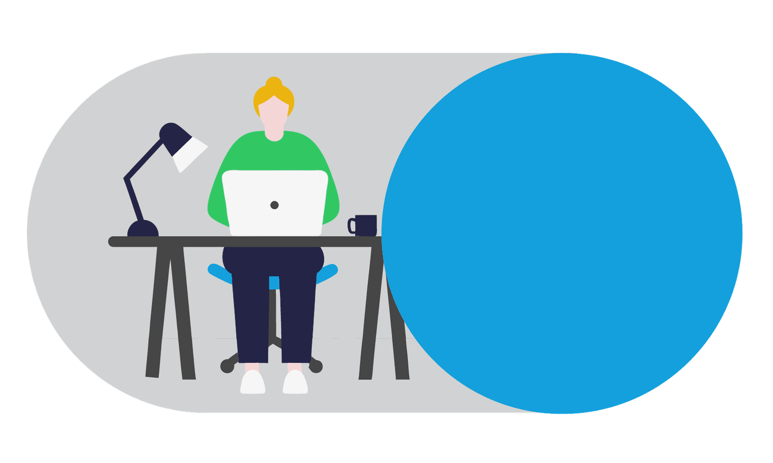 Die Grafik zeigt eine Person, die an einem Schreibtisch sitzt. vor der Person steht ein Laptop auf dem Tisch. Auch stehen eine Tischlampe und eine Tasse auf dem Tisch. Im rechten drittel der Grafik ist ein Störer integriert. Dieser ist ein blauer Kreis.