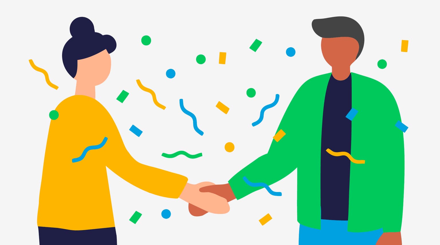 Die Grafik zeigt 2 Personen, die sich die Hand geben. um sie herum gibt es Konfetti und Luftschlanken in bunten Farben.