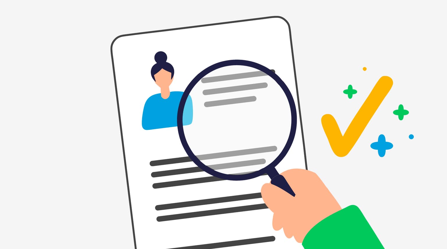 Die Grafik zeigt einen Lebenslauf auf den eine Lupe gehalten wird. Daneben sieht man noch ein gelbes Häkchen.