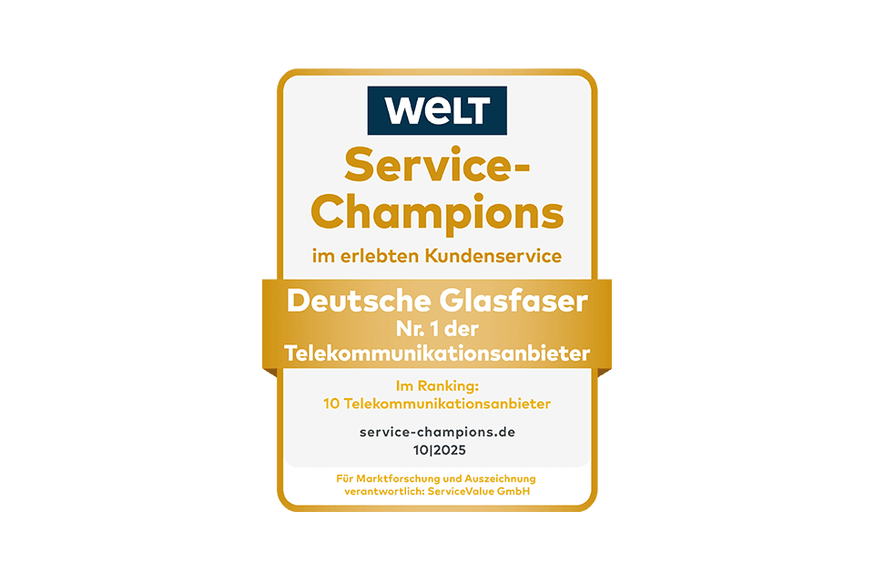 WELT Service-Champions Auszeichnung für Deutsche Glasfaser als Nr. 1 der Telekommunikationsanbieter im Kundenservice, von 10/2025.