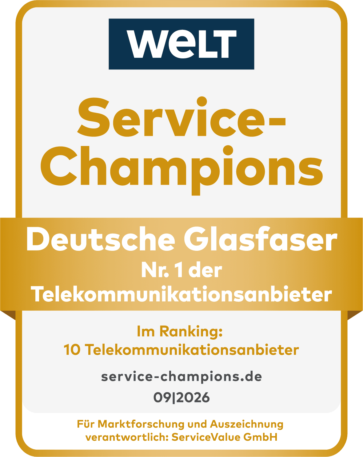 WELT Service-Champions Auszeichnung für Deutsche Glasfaser als Nr. 1 der Telekommunikationsanbieter im Kundenservice, von 09/2026.
