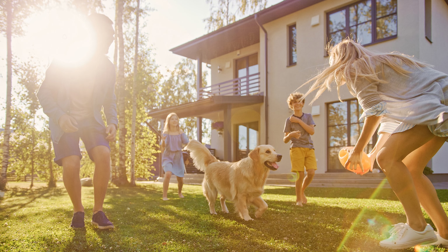 Familie spielt im Garten mit Golden Retriever Ball