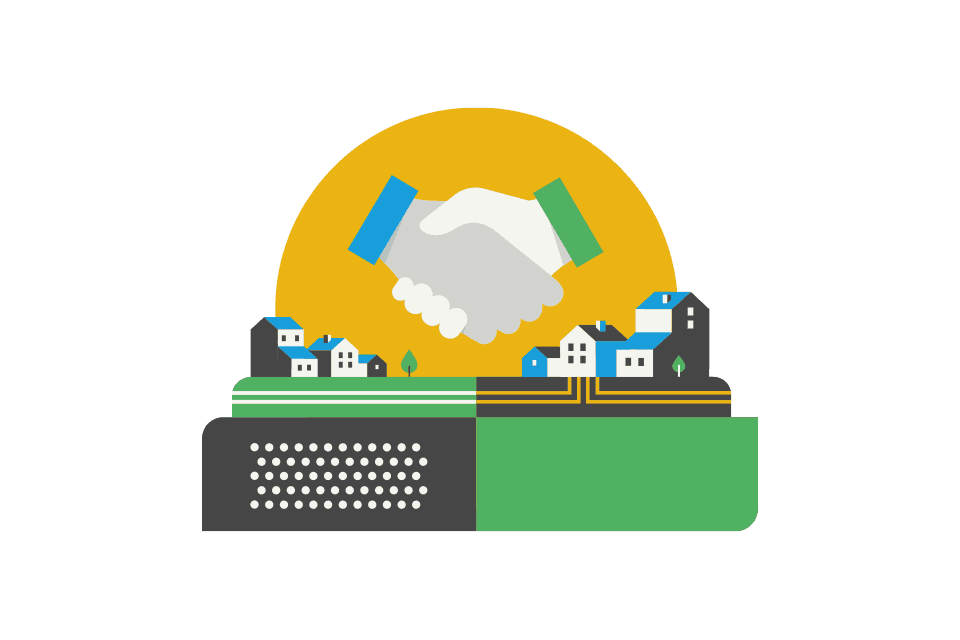 Illustration von zwei schüttelnen Händen vor einem Stadt- und Land-Hintergrund mit untergehender Sonne.