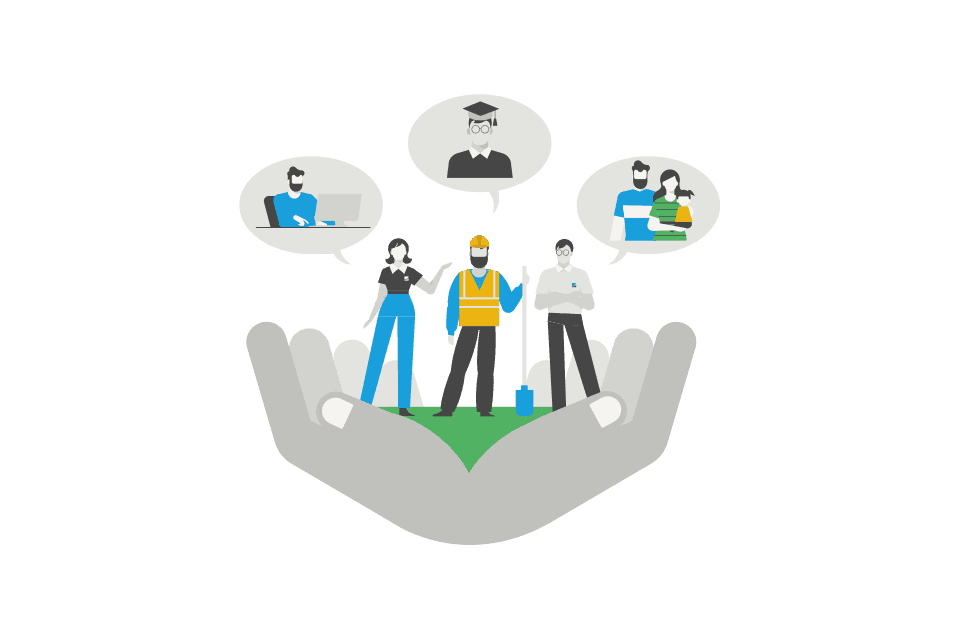 Illustration verschiedene Menschen mit verschiedenen Berufen werden in einer Hand gehalten