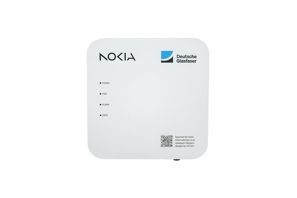 Deutsche Glasfaser Modem NT Darstellung: Nokia Glasfaser-Modem mit Statusanzeigen für Power, PON, Alarm und Data sowie QR-Code für weitere Informationen.