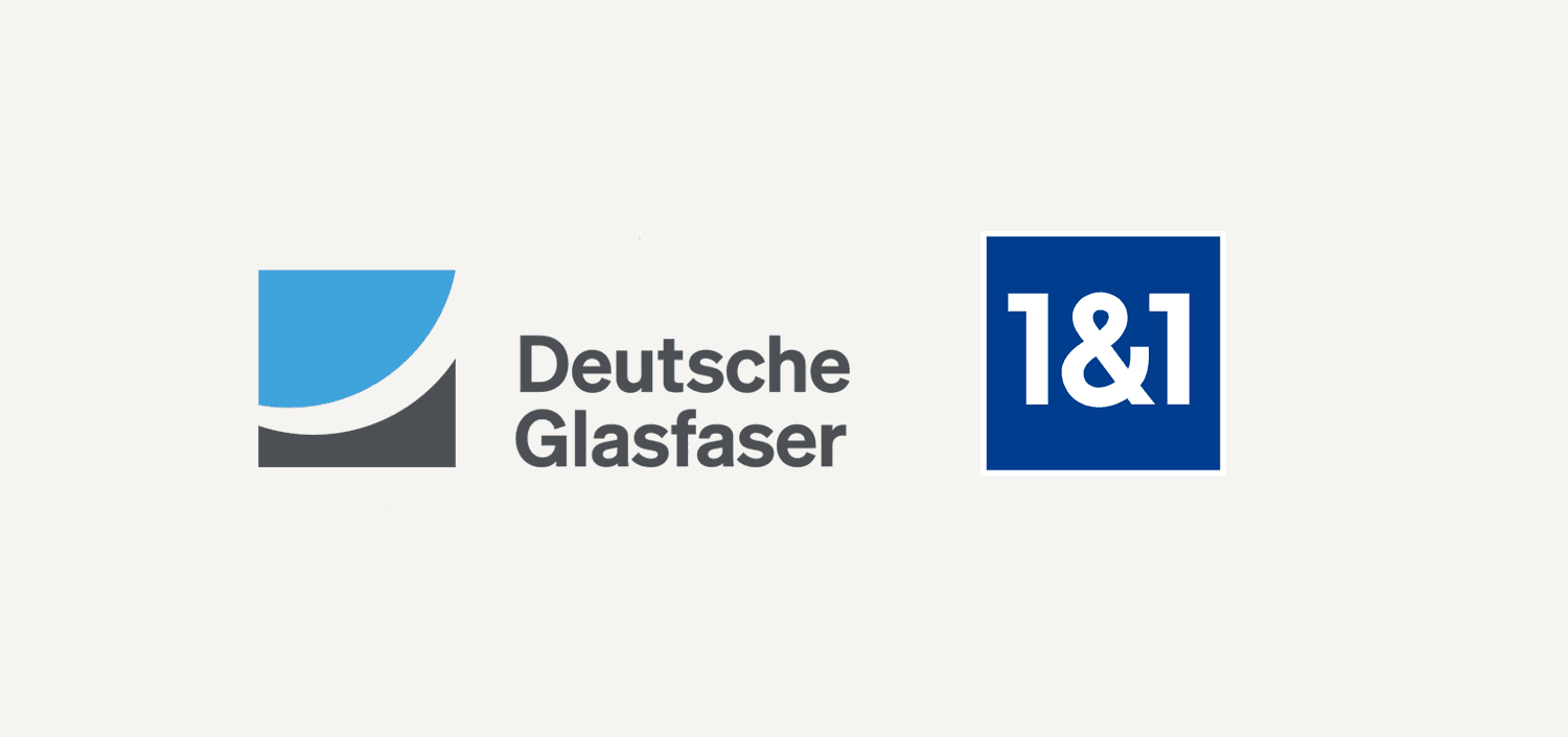 Logos von Deutsche Glasfaser und 1&1 nebeneinander auf weißem Hintergrund, Partnerschaft im Telekommunikationsbereich.