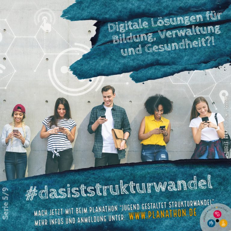 Kampagnenmotiv, mit dem Jugendliche zum Mitmachen aufgerufen wurden. Es zeigt junge Menschen mit Smartphones.