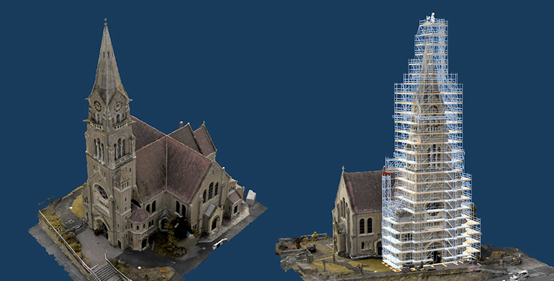 Visualisierung eines Kirchturms mit und ohne Baugerüst.