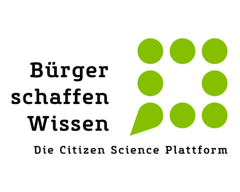 Logo aus grünen Punkten und Schriftzug „Bürger schaffen Wissen. Die Citizen Science Plattform“