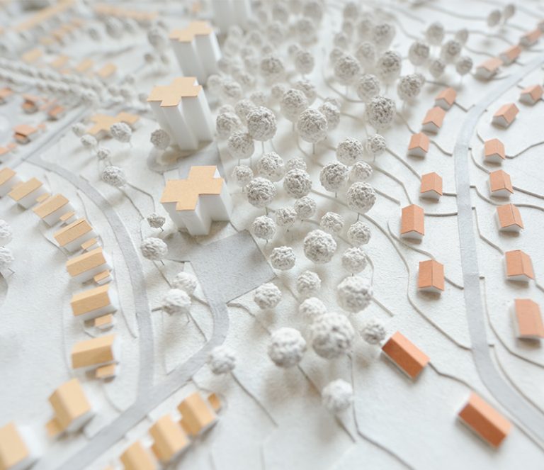 Modell einer Landschaft mit Häusern und Bäumen