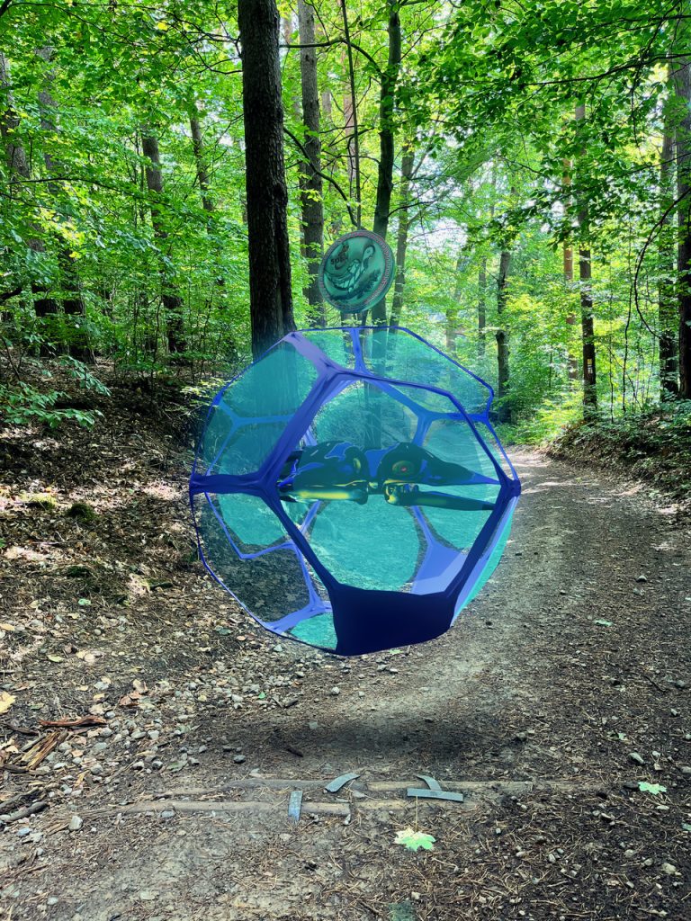 Auf einem Waldweg erscheint eine digitale Skulptur. Foto Naturpark Hoher Fläming e.V.