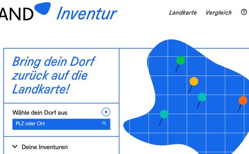 Ansicht von der Website der Landinventur mit symbolischer Karte und Slogan: Bring dein Dorf zurück auf die Landkarte.