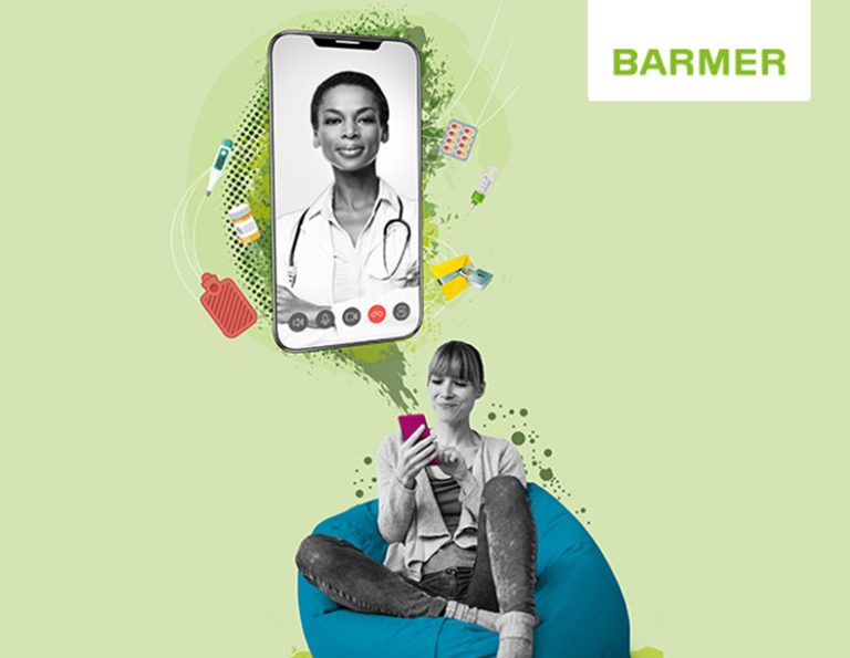 Eine Illustration mit einer Frau mit Smartphone und einem großen Smartphone-Bildschirm der eine Ärztin zeigt.