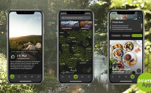 Drei Ansichten der Fichtel-App vor Flusslandschaft