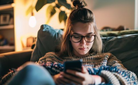 Frau auf einer Couch mit schwacher Beleuchtung