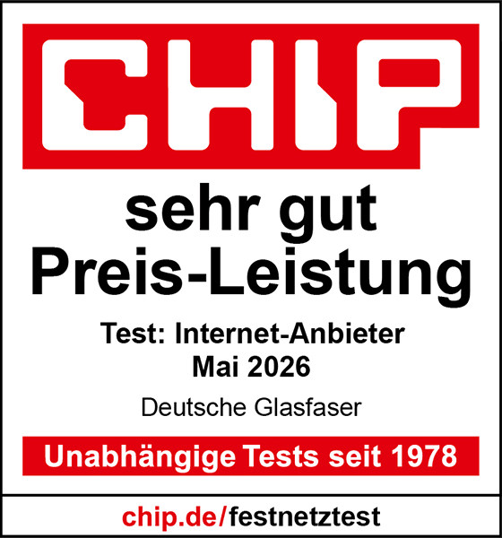 CHIP-Siegel „sehr gut Preis-Leistung" für Deutsche Glasfaser, Test Internet-Anbieter Mai 2026, chip.de/festnetztest